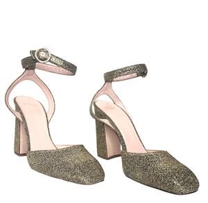 J. Crew Harlow Pump Glittery Gold Heel Ankle Strap Square Toe 9.5